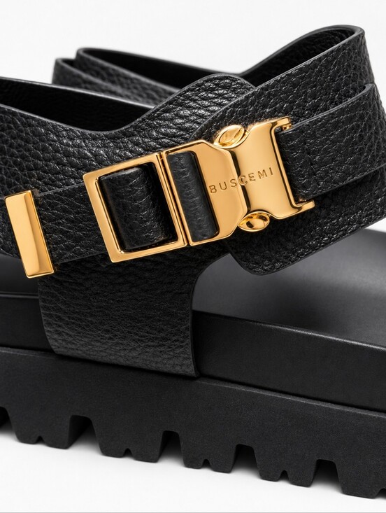 BUSCEMI | Black Leather Lug Sole Sandals Gold Buckle EU 48 US 15 main image 6